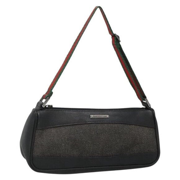 GUCCI Web Sherry Line Accessory Pouch Canvas Black Silver 92820 Auth ti3292 - Picture 1 of 16